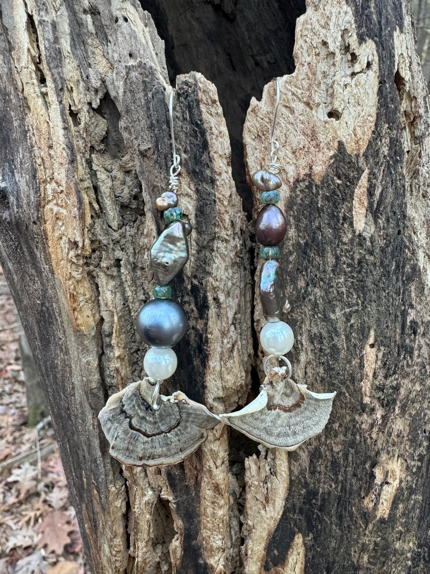 Turkey Tail/ Champagne Pearl Earrings Pair