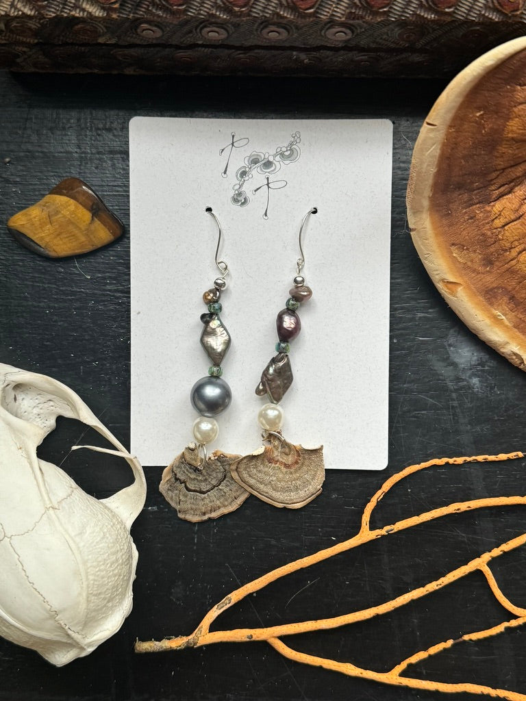 Turkey Tail/ Champagne Pearl Earrings Pair