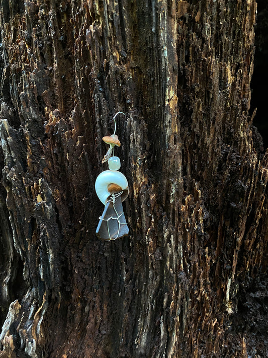 Armillaria mushroom/Moon shell/ Sea glass Single Earring